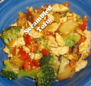 scrambled tofu with potatoes, broccoli, and red bell peppers