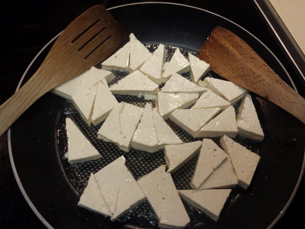 Tofu triangles before cooking